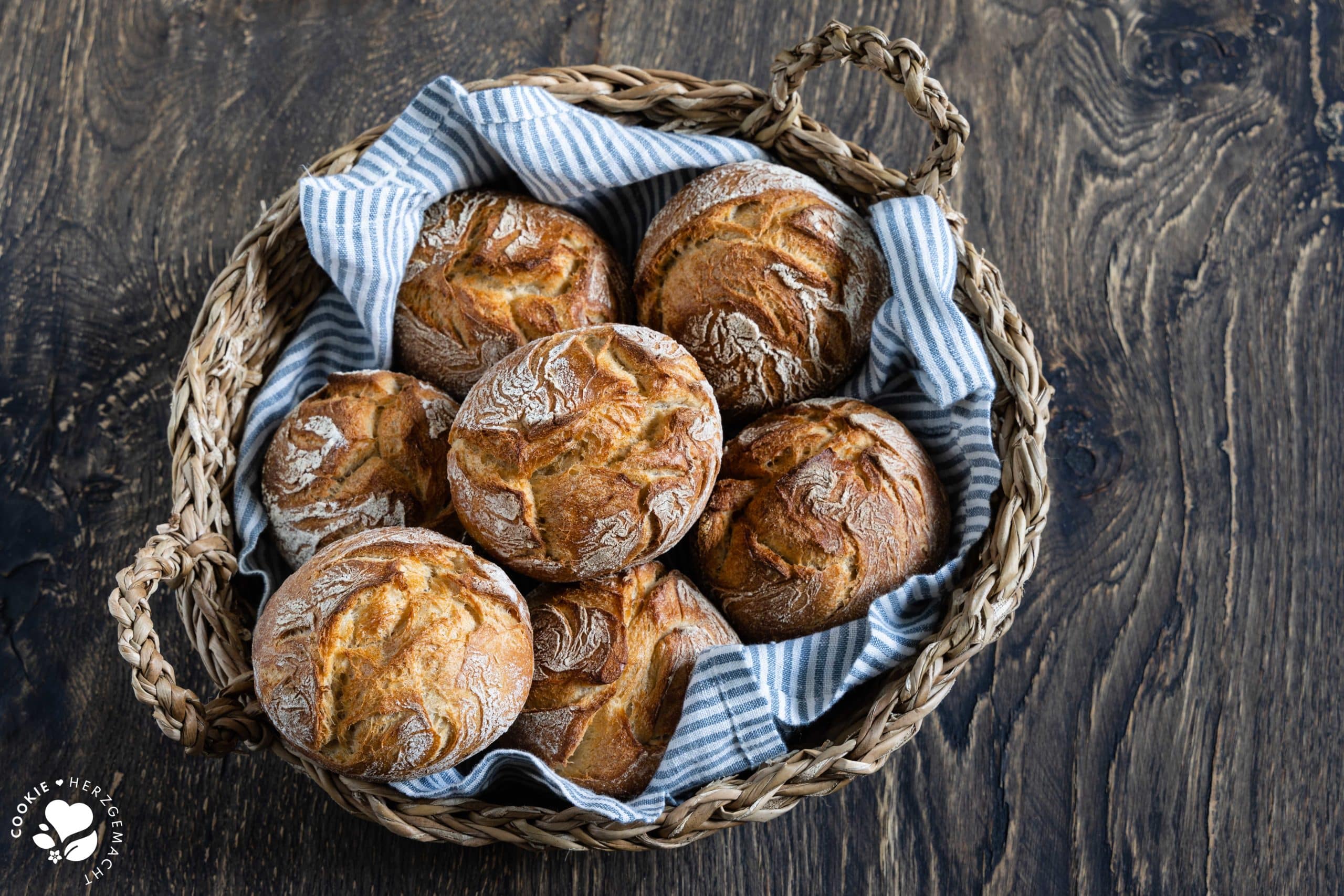 Rustikale Auffrischbrötchen mit Sauerteigresten in einem Brötchenkorb mit einem Blau gestreiften Tuch. Die Brötchen haben einer aromatische, lockere Krume und knusprige Kruste.