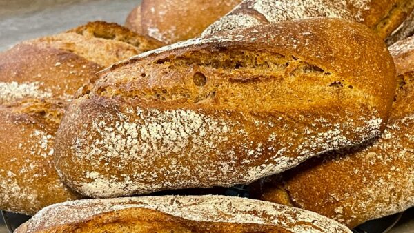 Vollkornbrötchen mit einem aufgerissenem Ausbund.